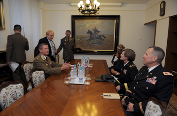 Maj. Gen. Deborah A. Ashenhurst (second right), Ohio adjutant general, Col. Scott White (right), J3 Director of Operations, talk with Gen. Dr. Tibor Benko (left), Hungary Chief of Defense thanking him for his close collaboration with OHNG and in strengthening effectiveness of SPP relationship with Hungary.