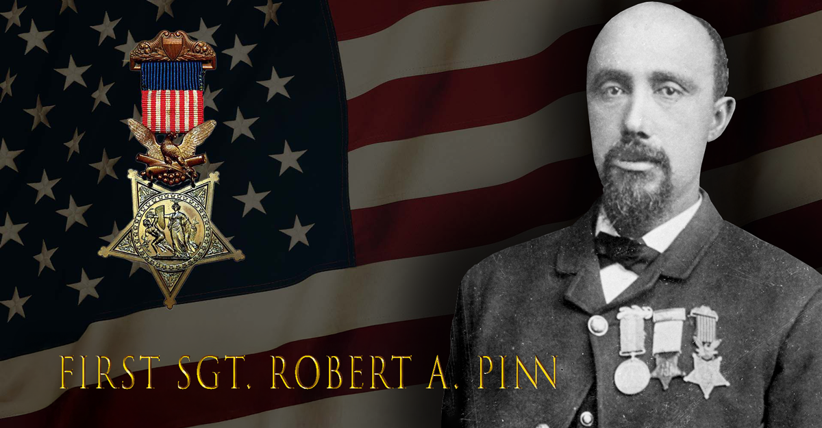 Graphic of First Sgt. Robert Pin in front of U.S. flag
