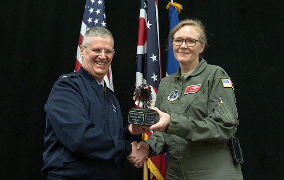 Maj. Gen. Mark E. Bartman (left), Ohio adjutant general, presents an award to Lt. Col. Barbara Bartch
