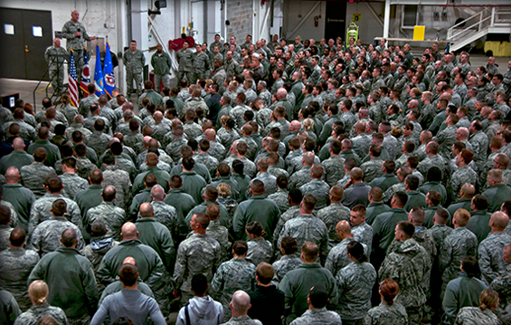 Col. Gary McCue, 179th Airlift Wing commander, holds a commander's call meeting 