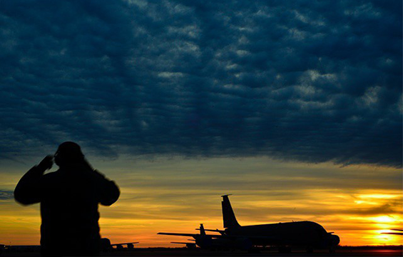 Staff Sgt. Matthew Macciomei, a 121st Air Refueling Wing​ crew chief, prepares a KC-135 Stratotanker for flight.