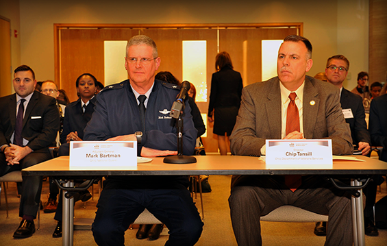Maj. Gen. Mark E. Bartman (left), Ohio adjutant general, and retired Col. Chip Tansill, Ohio Department of Veterans Services director, prepare to speak to members of the Governor’s Executive Workforce Board concerning veterans in the workplace.