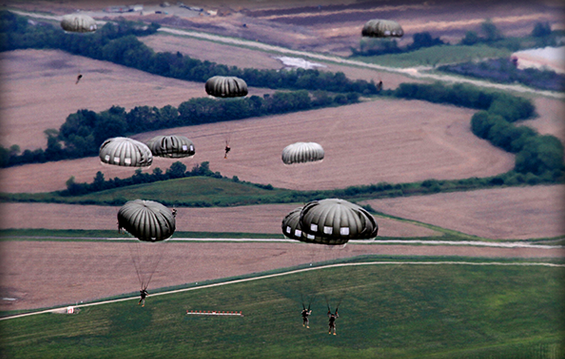 Soldiers of Company B, 2nd Battalion, 19th Special Forces Group(Airborne) conduct static line parachute operations from a CH-47 Chinook helicopter.