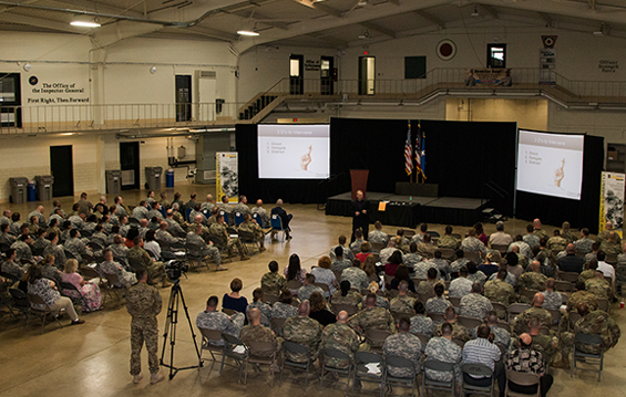 Robert Hackenson Jr. speaks to Ohio National Guard members and employees about sexual assault prevention