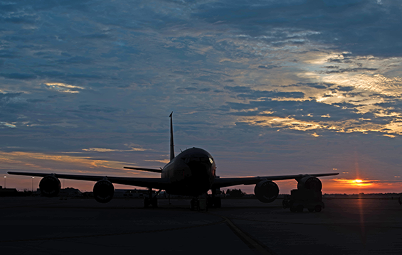 A KC-135R Stratotanker with the 121st Air Refueling Wing rests on the flight line ready for the day’s mission.