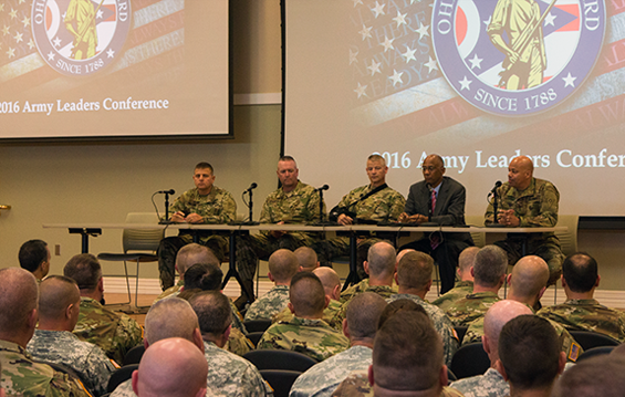A panel comprised of Ohio Army National Guard senior leadership and retired Army Col. Charles D. Allen (second from right), associate professor of leadership and cultural studies at the U.S. Army War College, field questions from unit commanders and senior noncommissioned officers during the annual Army Leaders Conference.