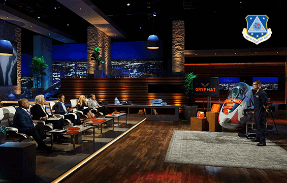 Tom Burden, an F-16 mechanic with the 180th Fighter Wing pitches his grypmat on Shark Tank..