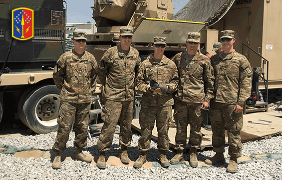 Members of the Ohio Army National Guard’s 2nd Battalion, 174th Air Defense Artillery Regiment, based in McConnelsville, Ohio, stand in front of a Counter-Rocket, Artillery, Mortar.