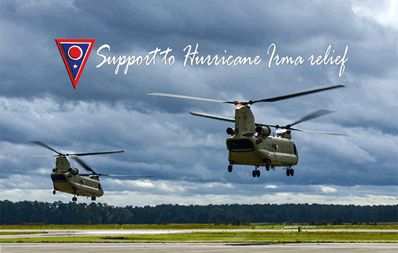 Two Boeing CH-47F Chinook aircraft assigned to the Ohio National Guard’s Company B, 3rd Battalion, 238th Aviation Regiment take off.