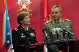 20110912-A-6303K-003 Maj. Gen. Deborah A. Ashenhurst, the Ohio adjutant general, and General Miloje Miletic, the Serbian Chief of General Staff, make remarks during a media statement prior to an official bilateral meeting.  Both leaders emphasized their continued dedication to working together as part of an ongoing State Partnership Program, to promote and coordinate activities between Serbia and Ohio (Ohio National Guard Photo by Staff Sgt. Peter Kresge).