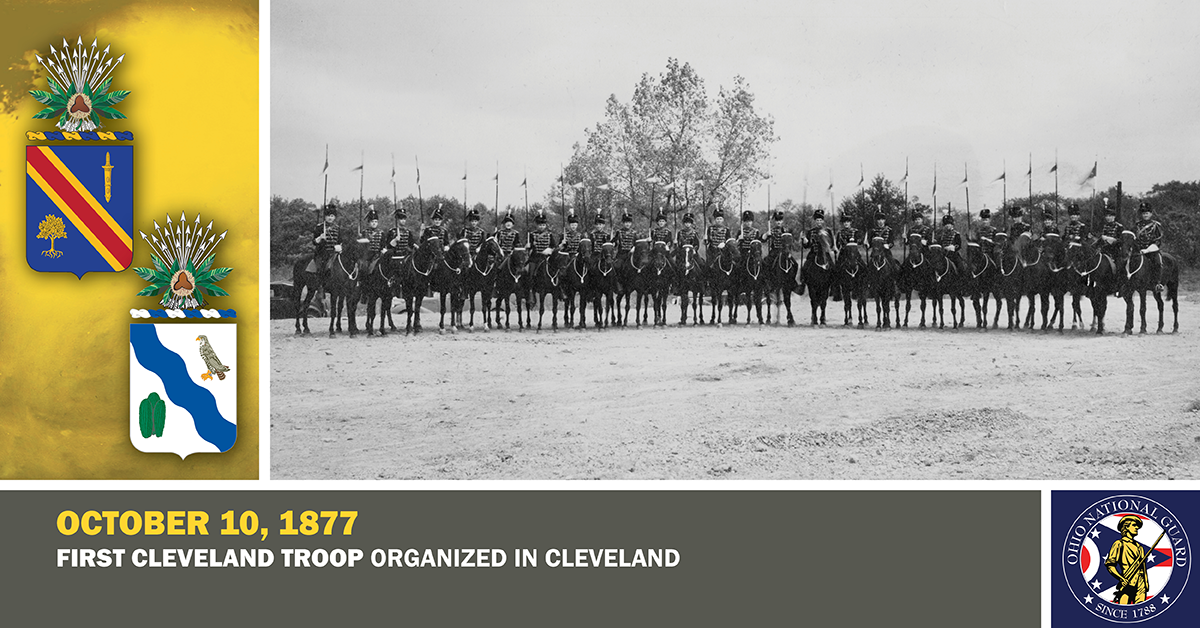 1935 photo, members of Troop A, 107th Cavalry are shown in their ceremonial Hussar uniforms and mounted on black horses. 