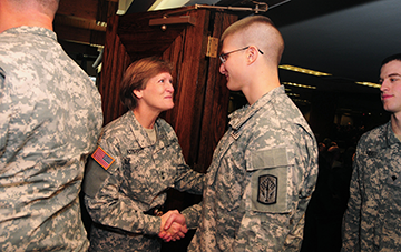 MG Deborah Ashenhurst greets Soldiers of the Soldiers from the Ohio Army National Guard’s 1st Battalion, 174th Air Defense Artillery Regiment, Task Force Shiloh 