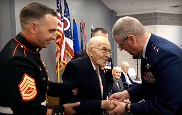 World War II veteran Donald Garver receives the Bronze Star Medal for exceptionally meritorious wartime service from Maj. Gen. Mark E. Bartman, Ohio assistant adjutant general for Air.