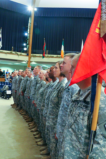 Soldiers of the 1st Battalion, 174th Air Defense Artillery Brigade, stand at attention during the units’ welcome home ceremony.