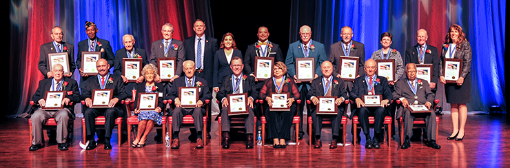 Newly inducted members of the Ohio Veterans Hall of Fame get together for their class picture.