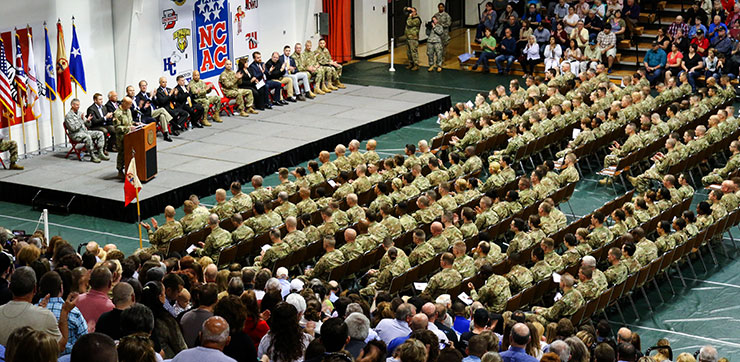 Maj. Gen. Mark E. Bartman, Ohio adjutant general, address members of the 371st Sustainment Brigade.
