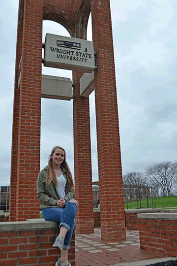 Emily Wolf takes a break between classes recently at Wright State University in Dayton, Ohio.