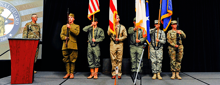 Color Guard representing the different eras of the 37th Division/37th Infantry Brigade Combat Team, from World War I to the present.