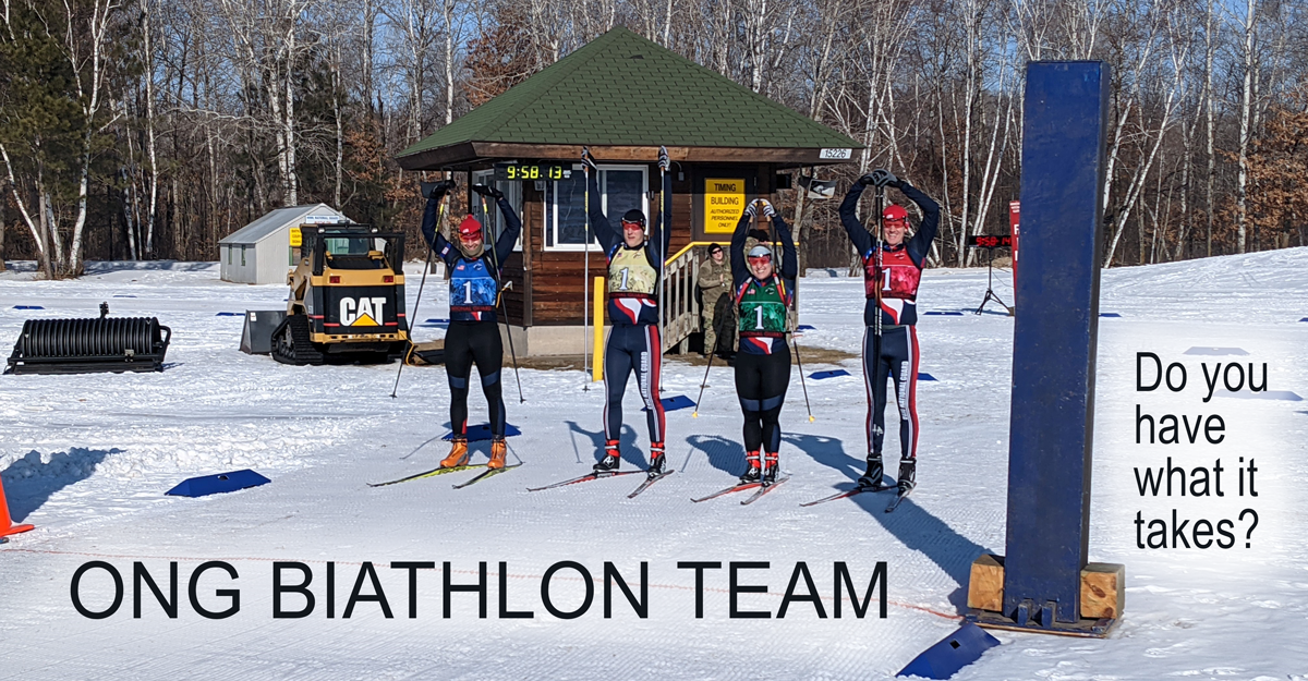 Biathlon members on skis pose to spell O H I O .