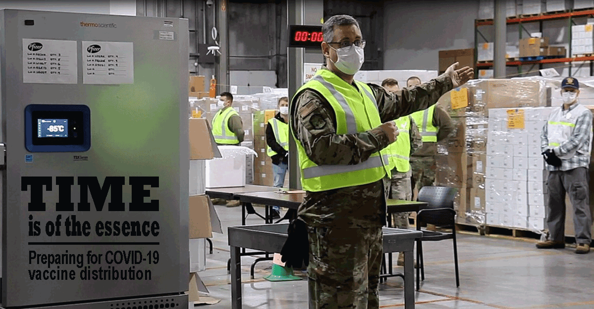 Ohio Air National Guard Senior Master Sgt. Gregory Sprowls explains the process of receiving and repacking COVID-19 vaccines. Sprowls, an air transportation specialist with the 121st Air Refueling Wing in Columbus, Ohio, said his military skills have helped in working with partners from the Ohio Department of Health to develop the logistics plan for the vaccines that the state will soon have at its Receive, Store and Stage warehouse.

