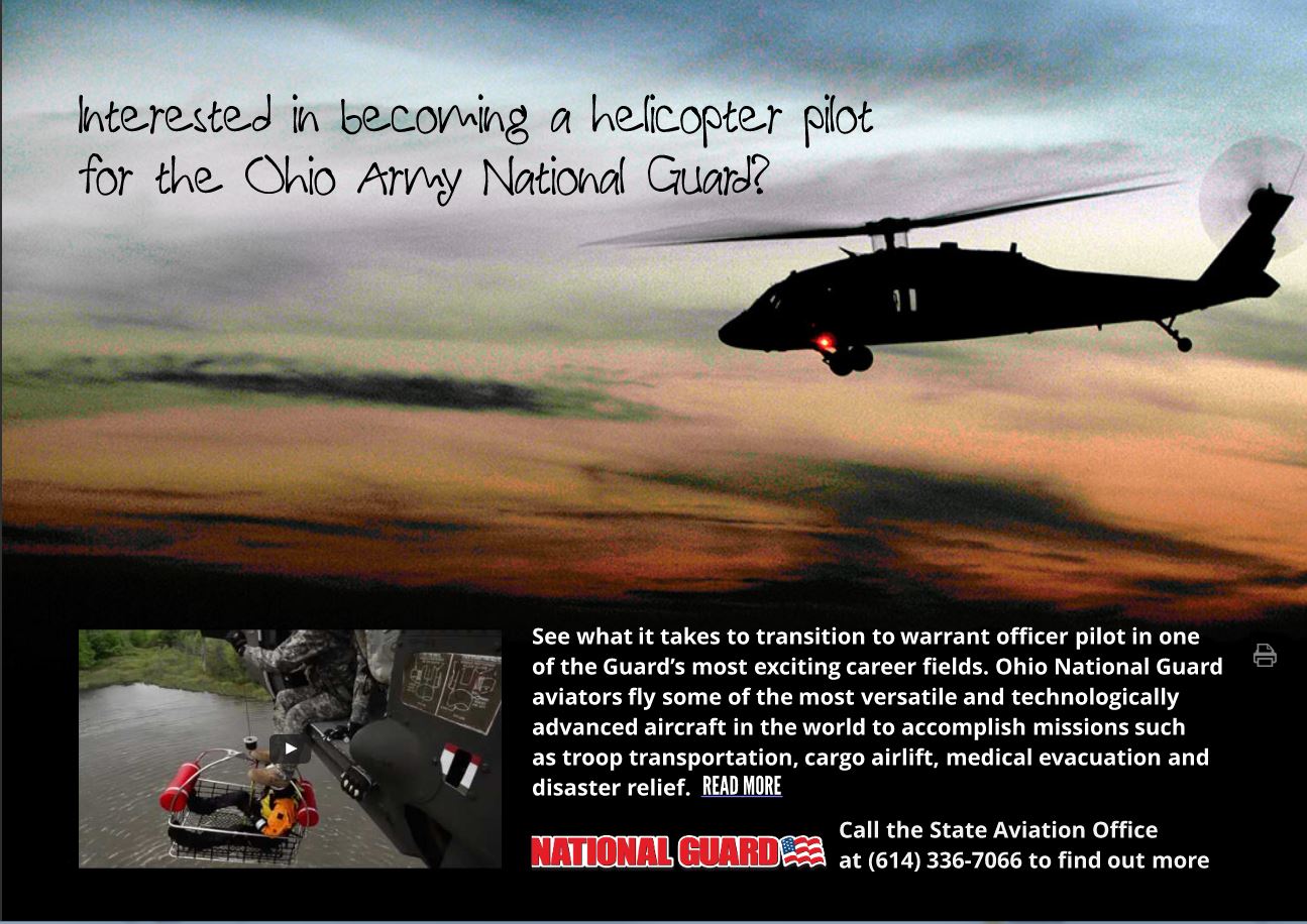 Ad in BG magazine headline reads: Interested in becoming a helicopter pilot for the Ohio National Guard