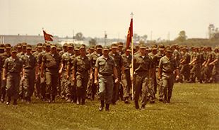 Battery C, 2nd Battalion, 174th Air Defense Artillery marching during pass and review ceremonies, Camp Perry, Ohio, circa 1970s.
