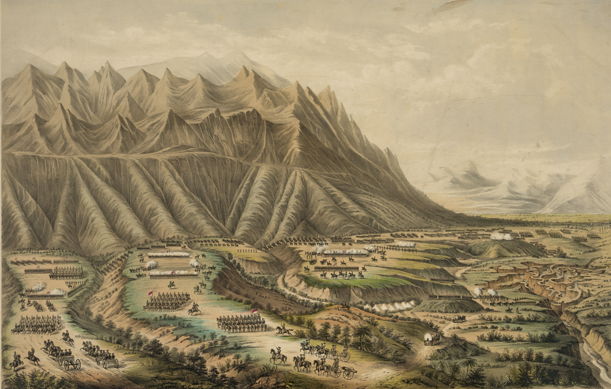 Lithograph of battle with mountains