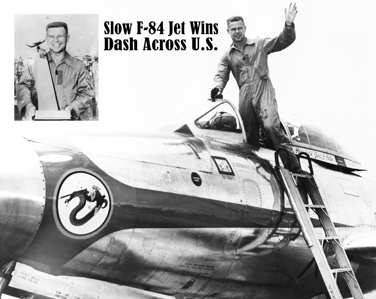 Lt. Col. James A. Poston is shown emerging from his F-84E Thunderjet -inset of Poston holding trophy