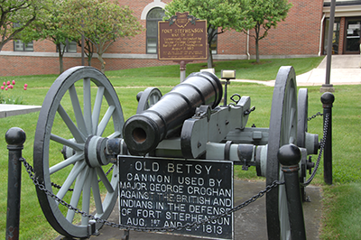 Historical cannon used by Major George Croghan against the British and indians in the defense of Fort Stephenson Aug. 1st - 21st, 1813.