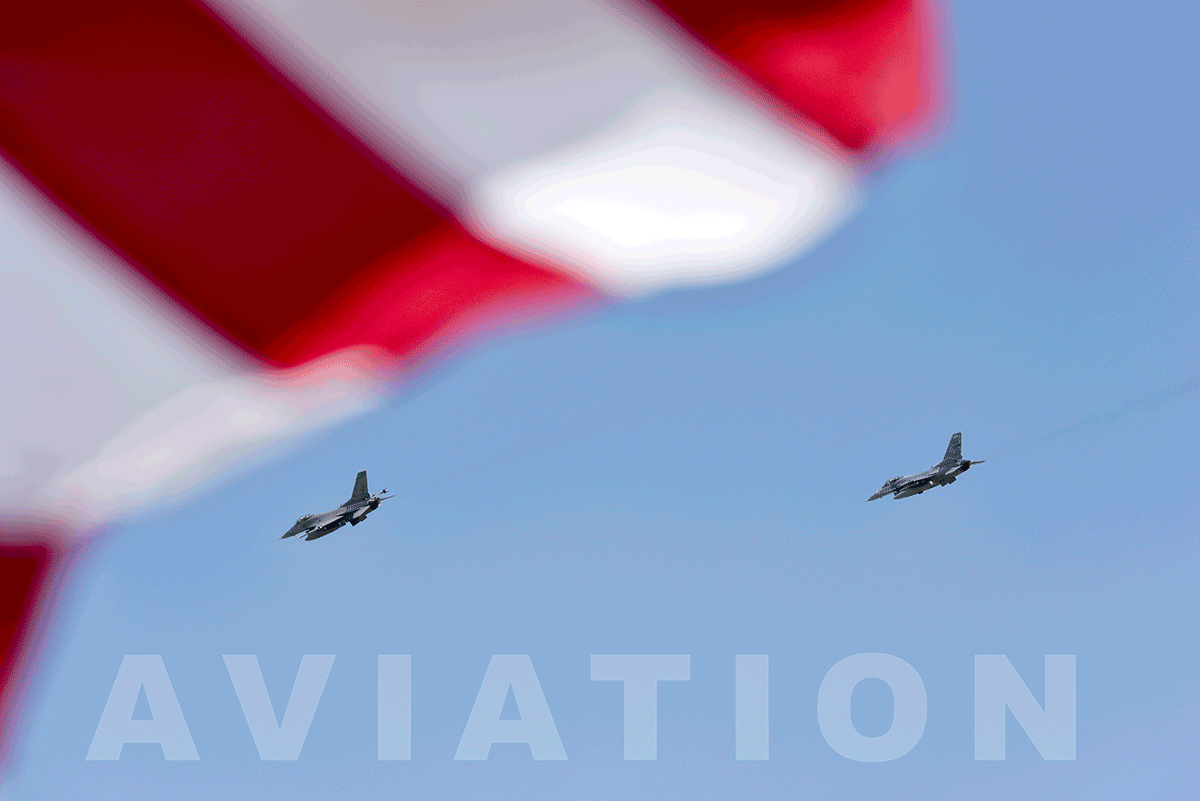 Two F16s flying with American flag in foreground reads AVIATION.