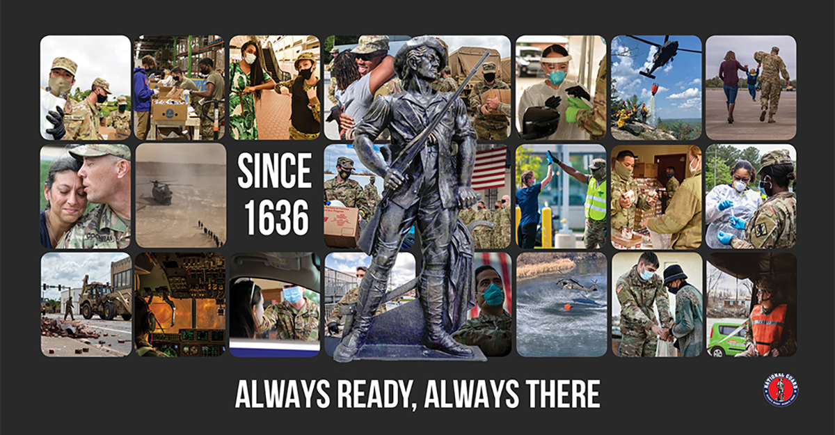 Collage of Soldiers and Airmen with minute man statue in center saying since 1636- Always ready, always there. 