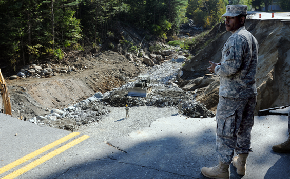 The Ohio National Guard is working to fix this 65-foot-deep highway washout that followed Tropical Storm Irene in Vermont, seen here Sept. 12, 2011.
