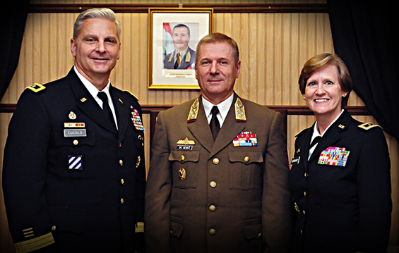 Maj. Gen. Tony Cucolo (from left), commandant of the U.S. Army War College, Gen. Tibor Benkő, Hungarian Chief of Defence, and Maj. Gen. Deborah A. Ashenhurst, Ohio adjutant general, pose for a photo April 24, 2013, at the Army War College in Carlisle, Pa., after Benkő was recognized as the 44th inductee into the International Fellows Hall of Fame.