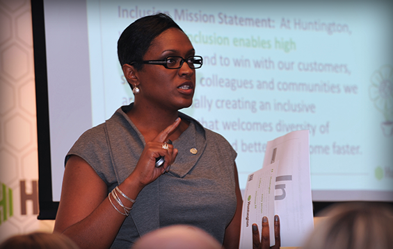 Traci Dunn, senior vice president-inclusion, talent and organizational effectiveness director at Huntington National Bank, speaks during the Ohio National Guard Employer Advisory Committee meeting.