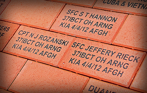 Bricks with the names of three Ohio National Guard Soldiers who died April 4, 2012, while serving in Afghanistan - Capt. Nicholas J. Rozanski, Master Sgt. Shawn T. Hannon and Master Sgt. Jeffrey J. Rieck.