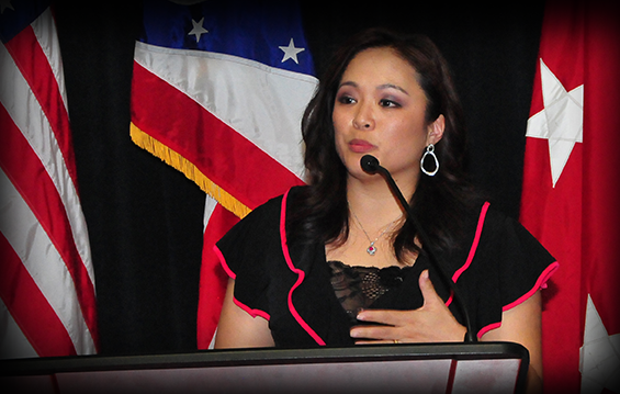 Angela An, morning news anchor and lead reporter at WBNS/10TV, speaks to Soldiers, Airmen and Civilians 