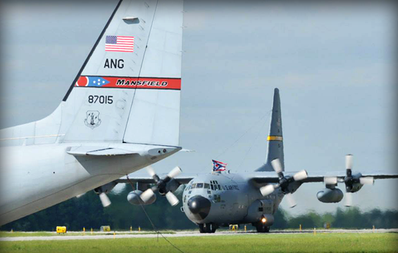 One of the first two C-130H Hercules cargo aircraft  lands May 24, 2013, at the 179th Airlift Wing in Mansfield, Ohio.