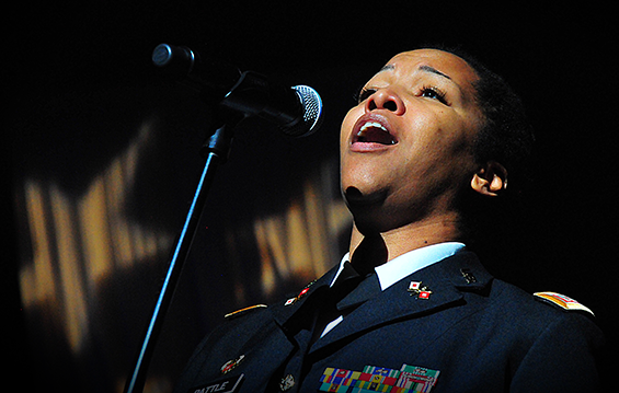 Ohio Army National Guard Capt. Leslie Battle, a member of Headquarters and Headquarters Battery, 174th Air Defense Artillery Brigade and a Piqua, Ohio, native, sings the national anthem during the Ohio Veterans Hall of Fame induction ceremony.