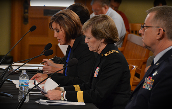 Ohio Lt. Gov. Mary Taylor and Maj. Gen. Deborah A. Ashenhurst, Ohio adjutant general, testify in front of the National Commission on the Structure of the Air Force.