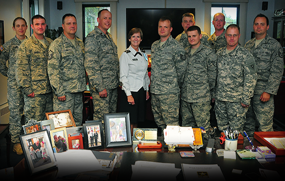 Maj. Gen. Deborah A. Ashenhurst (center), Ohio adjutant general, meets with Ohio National Guard Soldiers and Airmen on July 17, 2014, who earlier in the year had participated in the 2014 Cyber Shield exercise at the National Guard Professional Education Center in North Little Rock, Ark.
