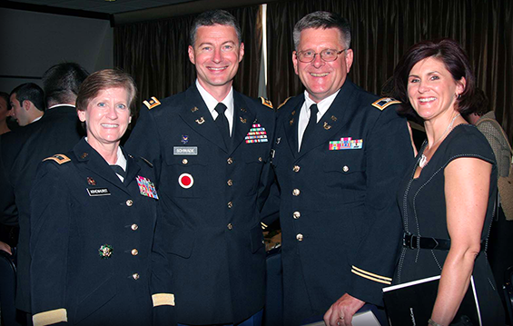Maj. Gen. Deborah A. Ashenhurst (from left), Ohio adjutant general; Maj. Joe Schwade, the new senior Active Guard/Reserve judge advocate for the Ohio National Guard; and Jill Snitcher-McQuain (right), executive director of the Columbus Bar Association, join with Col. Duncan Aukland, the outgoing senior AGR state judge advocate.