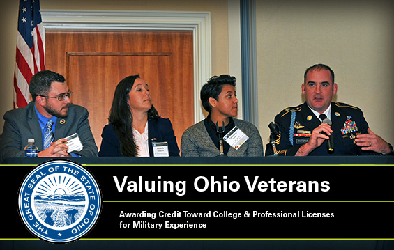 Geoff Roberts (from left), Kimberly Hazelgrove, Esperanza Correa and Master Sgt. Mark Patterson, all U.S. military veterans, discuss their personal experiences with college campus services and programs 