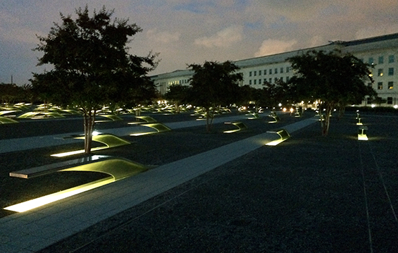 Photo of the National 9/11 Pentagon Memorial, which is made up of 184 stainless steel, cantilevered benches.