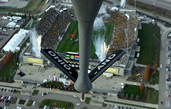 A KC-135R Stratotanker from the 121st Air Refueling Wing completes a flyover of MAPFRE Stadium.