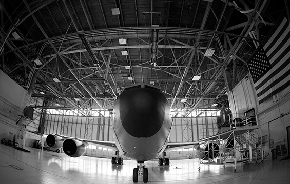 A KC-135 Stratotanker sits in a hanger at the 121st Air Refueling Wing.