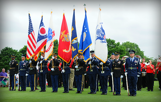 A joint color guard comprised of Ohio National Guard Soldiers and Airmen presents the colors for the Honoree Ceremony at the Memorial Tournament.