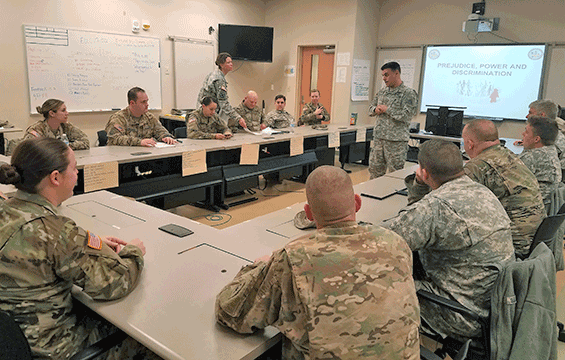 Maj. Shaun Robinson, Ohio National Guard state equal employment manager, instructs students during the Equal Opportunity Leaders Course.