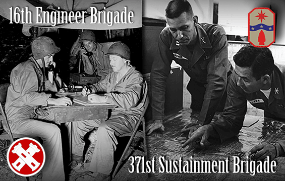 Graphic with hostorical images representing 16th Engineer Brigade and 371st Sutainment Brigade's 100 anniversary.