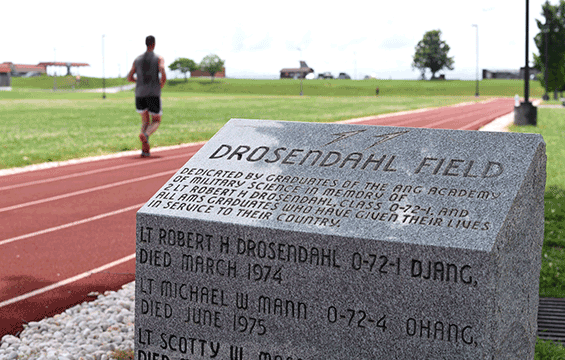 The Drosendahl Memorial stone, recently relocated on the running track at the Air National Guard’s I.G. Brown Training and Education Center in East Tennessee.