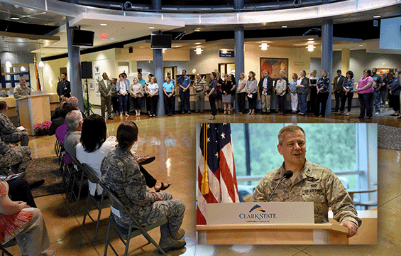 Col. John Knabel, 178th Wing commander, speaks at a press conference.